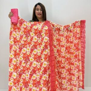 Stitched 3 Pcs- Red & Yellow Flower Print