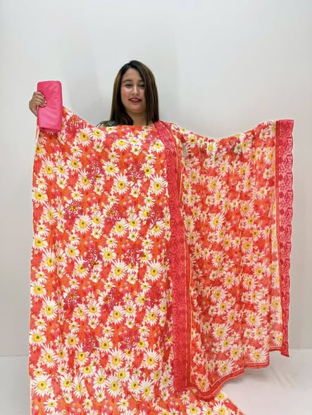 Stitched 3 Pcs- Red & Yellow Flower Print